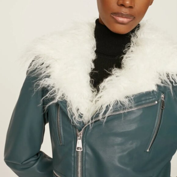 $340 NOIZE Suren Jacket faux white shearling color teal moto jacket S - Picture 2 of 13